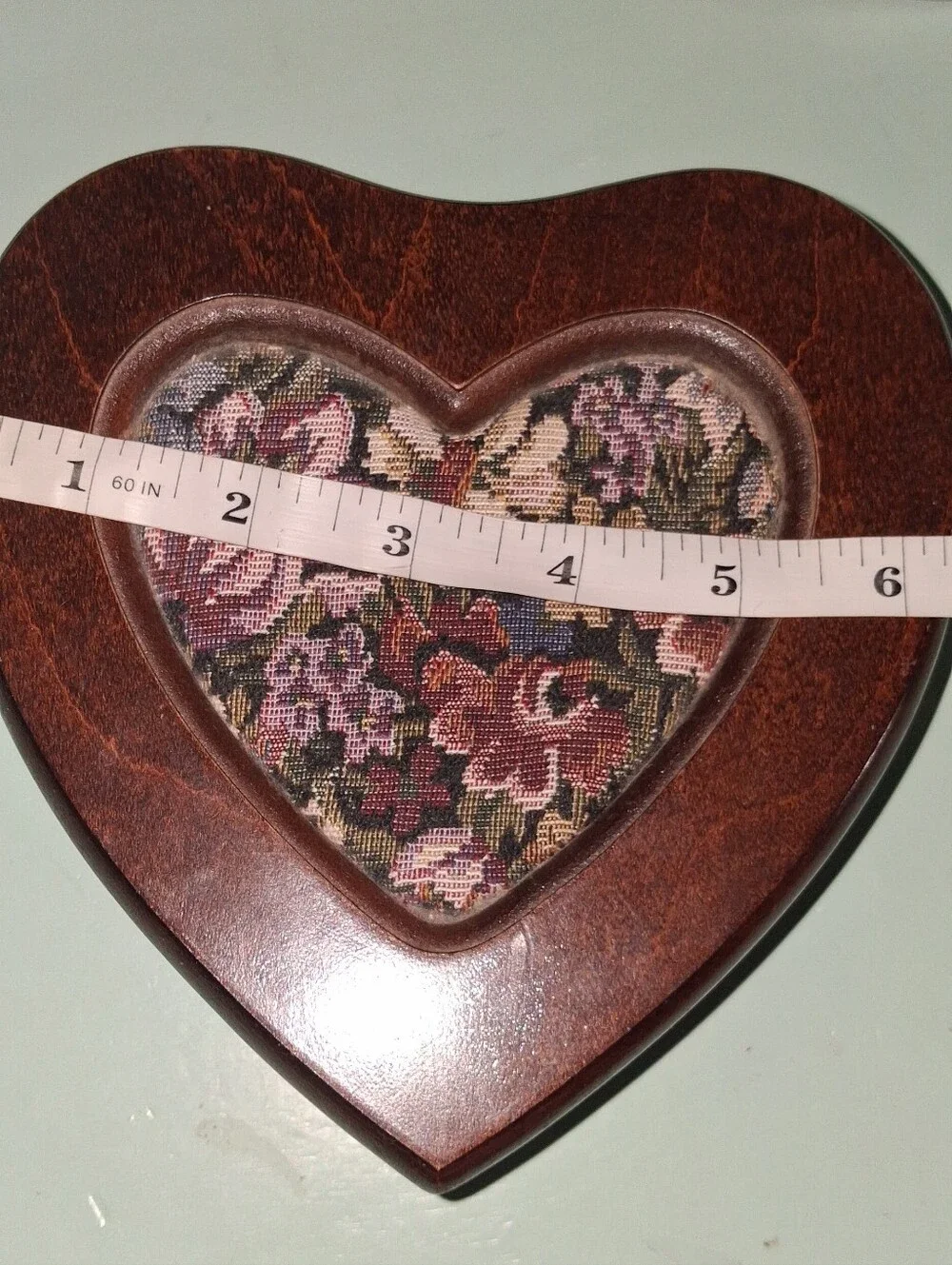 Vintage Heart-Shaped Wood Jewelry Box with Floral Fabric Inset - Brown